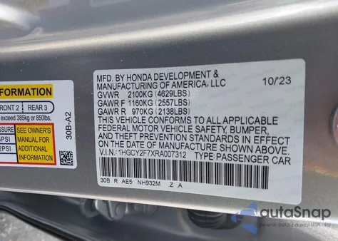 2024 Honda Accord Hybrid Sport-L из США, поврежденный, VIN 1HGCY2F7XRA007312